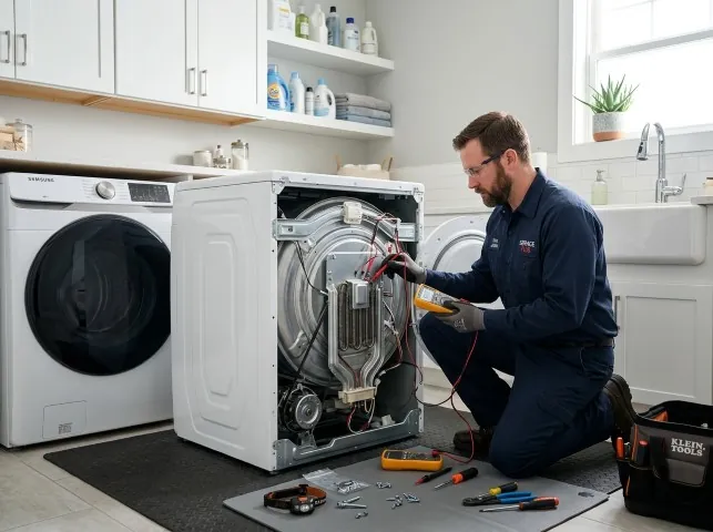 Appliance Repair Hero technician checking a dryer heating element with the rear panel off in Bonita Springs, FL