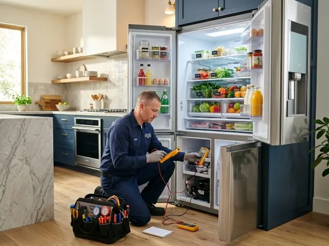 Appliance Repair Hero refrigerator technician testing a fridge on a Bonita Springs, FL service call
