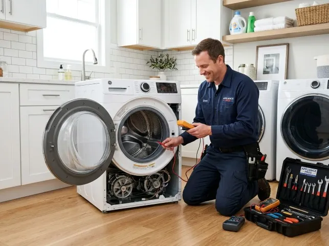 Appliance Repair Hero technician testing a front-load washer with a multimeter on a Bonita Springs, FL service call